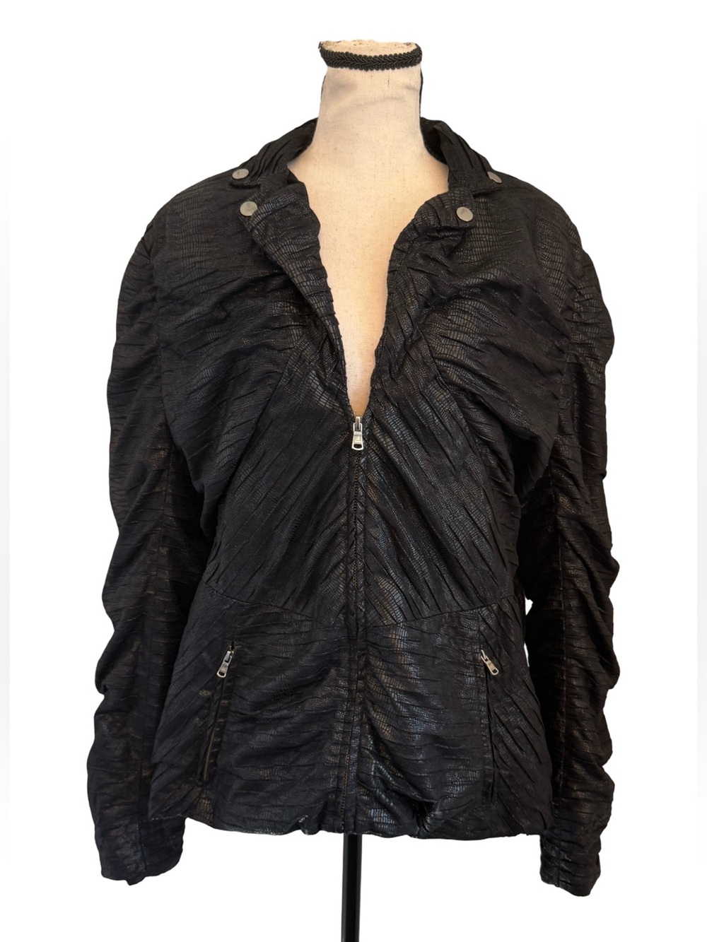 Erin London Black Textured Moto Jacket Ruched Faux Leather Full Zip